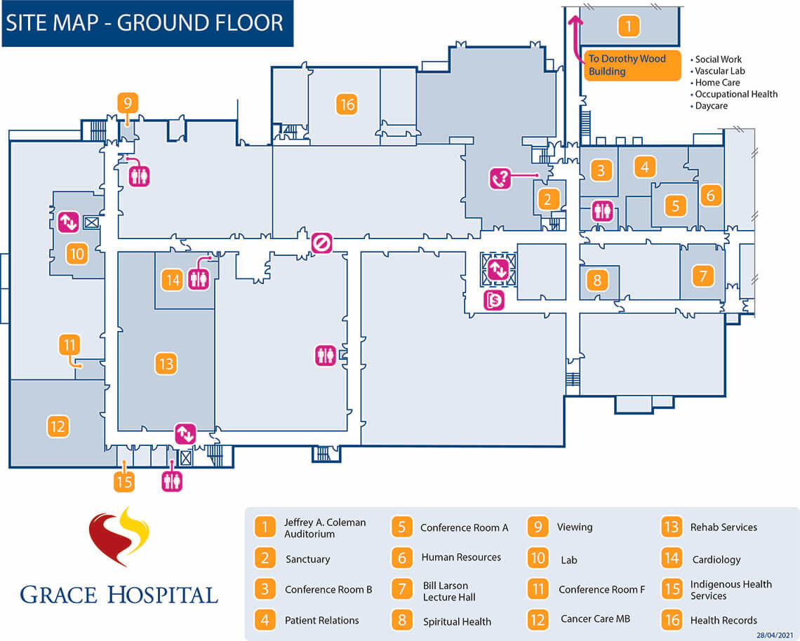 Map of ground floor, also known as the basement floor, of Grace Hospital