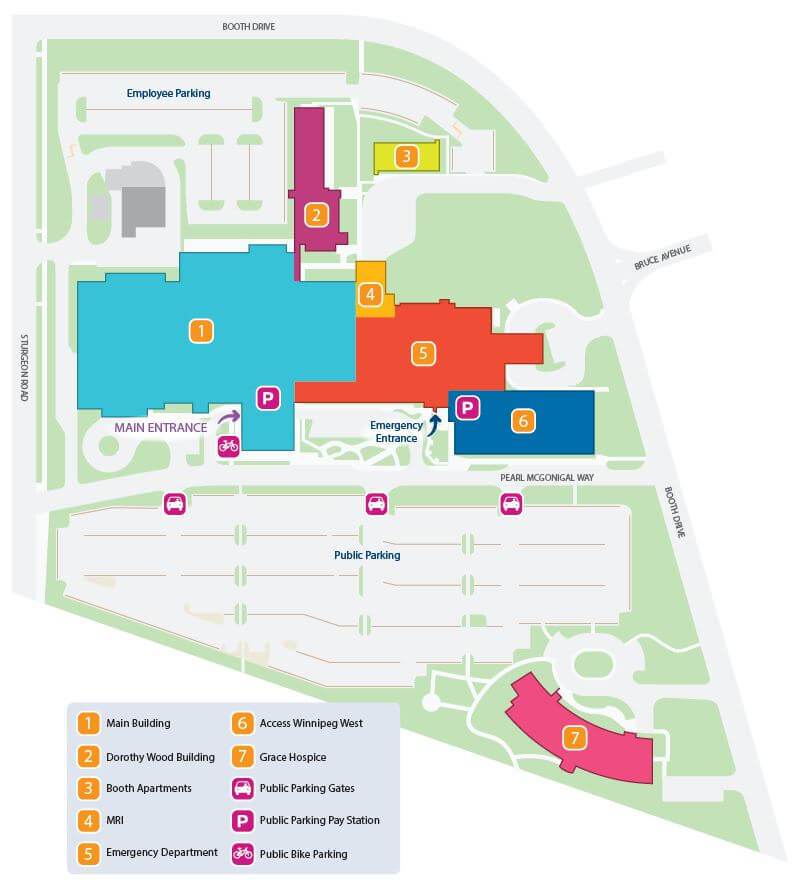 External map of Grace Hospital which includes where the main entrance, emergency entrance and parking are located.